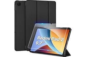 [9.7インチ Redmi Pad 2 ケース ガラスフィルム セット]CACOE Redmi Pad 2 9.7インチ 用 ハードケース ブラック | オートスリープ 三つ折り 耐衝撃 軽量 xiaomi タブレット カバー