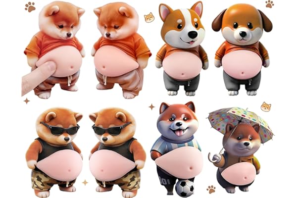 GOKEI ぷにぷに おなか シール お腹 3D 立体 ステッカー スクイーズ 猫 犬 癒し 柴犬 三毛猫 柔らかい もちもち デコシール ストレス解消 グッズ 車 スマホケース デコレーション ぽっちゃり クッションステッカー ぷっくりお腹 ドアガード 壁 衝突防止 犬4組(8点セット)-F