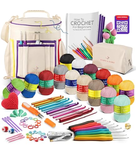 Beginner Crochet Kit With Yarn Storage Bag - 10 Hooks, 10 Yarn Skeins, Tools & Accessories - Personalized Initial Patch - View #3