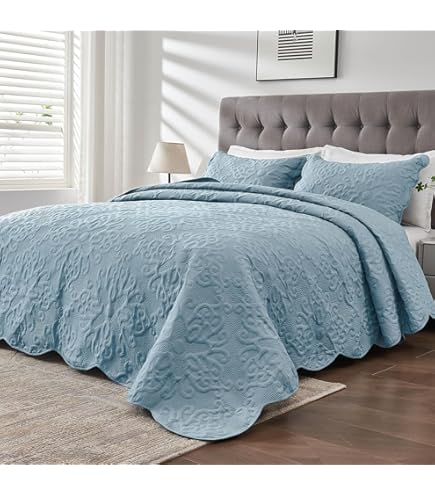 KASENTEX Bedding Set Quilt Mini Set Stone Washing Super Soft Bedspread Lightweight Down Alternative Microfiber Filling Machine Washable Solid Colors Full/Queen 2 Pillow Cases Blue