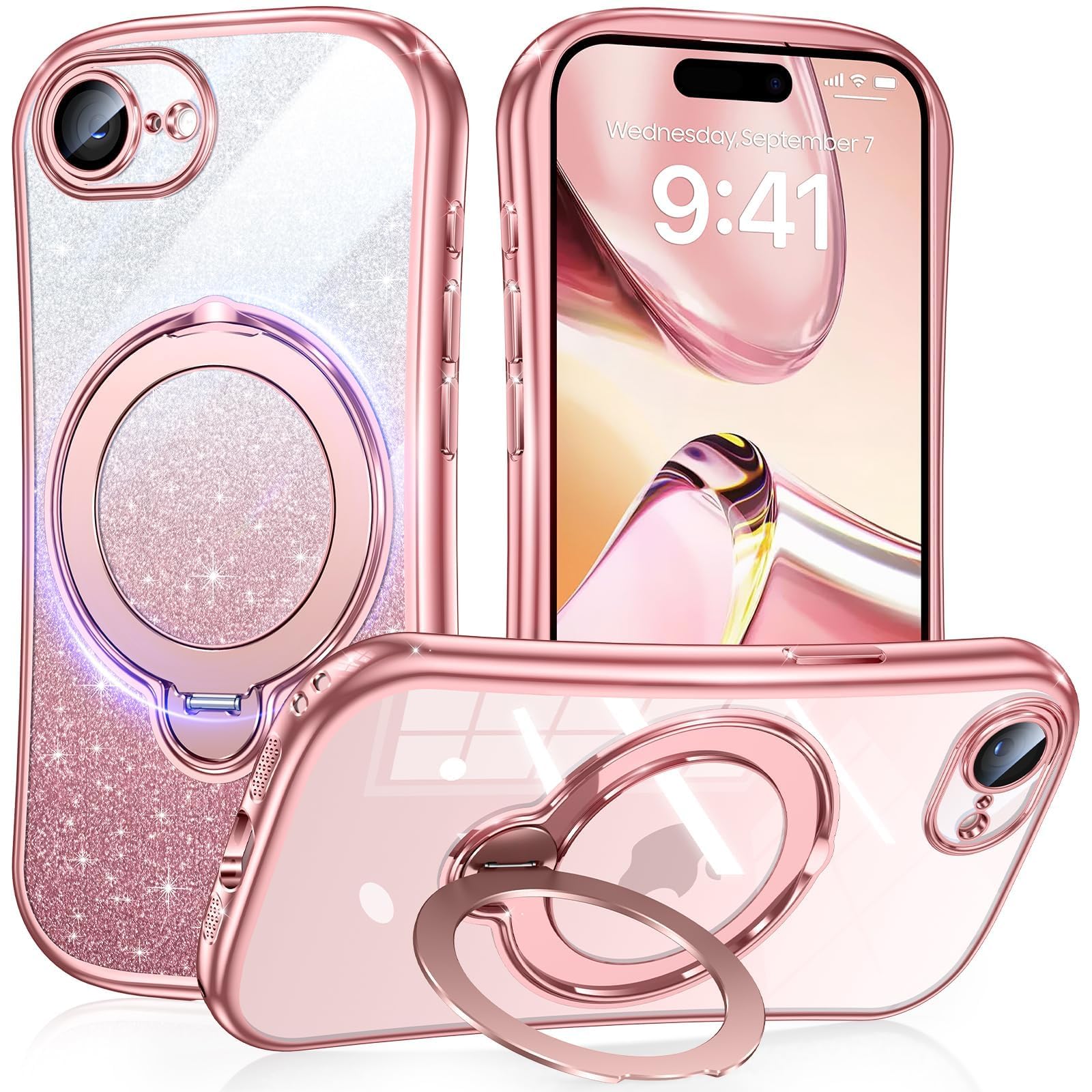 Fadkzyxr iPhone 17e/16e 用 ケース MagSafe対応 360°回転スタンド ラメ入りシール付き 一体型レンズ保護【ピンク】 | メッキ加工 キラキラ 美しいくびれフォルム グリップ感向上 リング ワイヤレス充電対応 縦横両対