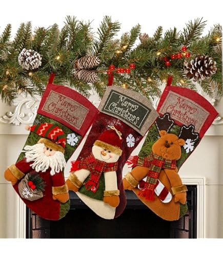 Sunnyglade 3-Pack Christmas Stockings – 17.5 Inch Santa, Snowman, Reindeer Characters, Burlap With Fluff Trim – Holiday Decor - View #4