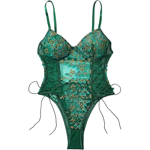 Lilosy Women Sexy Lace Up Floral Embroidered Teddy Lingerie Bodysuit Top Mesh Sheer One Piece
