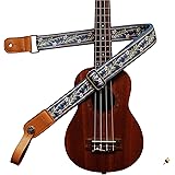 [MUSIC FIRST] 元のデザ、ヴィンテージブルー「ジャスミン」ソフトメッシュベルト＆本物のレザーウクレレストラップ、ウクレレショルダー、ギフトとして1つの ブランドのストラップロッカー