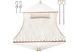 Y- STOP 13.2フィート ハンモック 伝統的なコットンロープハンモック チェーンとフック付き 屋外 屋内 パティオヤード ダブルソリッドウッド 2人用 最大440ポンド (ナチュラル)