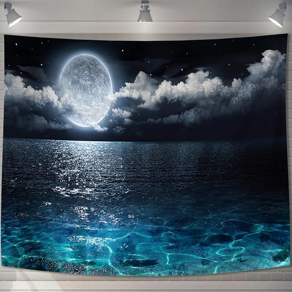 U-SITU Tapestry Wall Hanging Wall Decoration Blue Sea Full Moon Night Sky Natural Scene Stylish Background Multi-functional Cloth Poster Interior Mood Change (Size: Length 70.9 x Width 90.6 in. Color - 1
