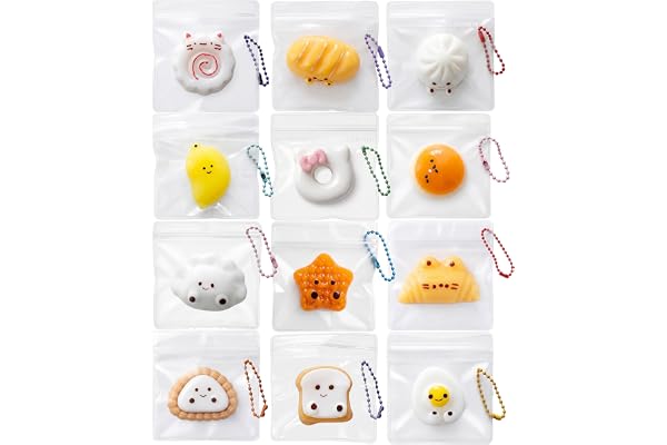 CHALAN ミニ スクイーズ キーホルダー 12個セット ぷにぷに チャーム もちもち 水感 ボールチェーン付き 暇つぶし 癒しグッズ 握る玩具 ストレス解消 面白い 感覚玩具 おもちゃ 柔らかい 弾性 触感いい 子供 大人 プレゼント ギフト A 食べ物セット (全12種)
