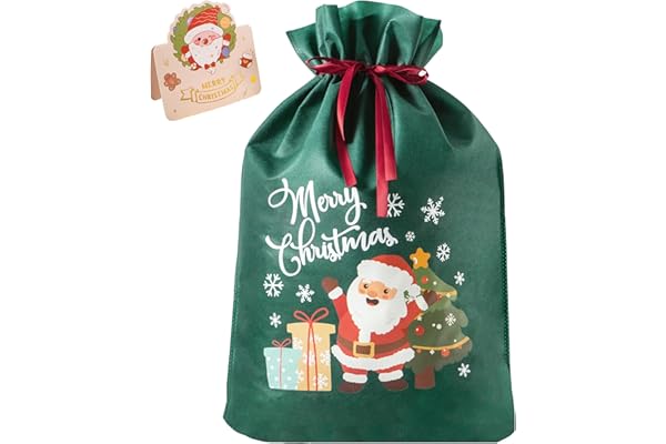 クリスマス ラッピング 袋 プレゼント 袋 大きい ギフト袋 不織布 巾着袋 プレゼント用 贈り物 包装袋 リボン付き パーテイー用 プレゼント用 サンタクロース コスプレ小物 ギフトバッグ かわいい 子供 お菓子袋 (グリーン, 2L 44*58CM)