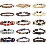 LOYALLOOK 15pcs Men Women Linen Hemp Cords Wood Beads Ethnic Tribal Bracelets Leather Wristbands