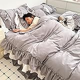 布団カバー 3点セット 4点セット フリル付き布団カバー 寝具カバー 洋式・和式兼用 ベッドカバー 掛け布団カバー ボックスシーツ 枕カバー シーツカバー 肌に優しい ピーチスキン加工 北欧風 四季通用 (グレー*フリル3層, セミダブル)