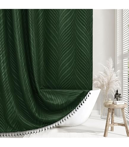 Tititex Dark Green Crumpled Shower Curtain - 72x72 Inch Heavy Duty 156GSM Fabric, Waterproof With 12 Hooks - View #5