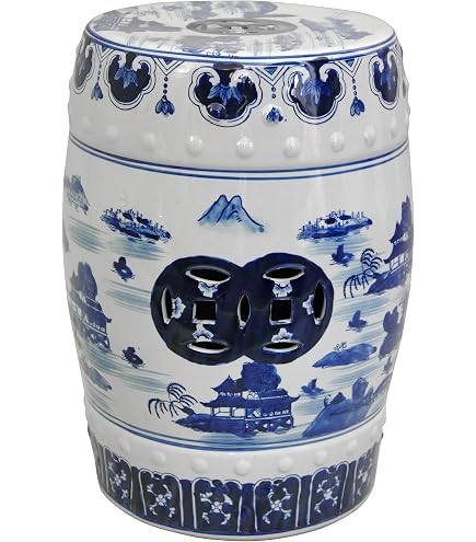 JONATHAN Y Keramik-Hocker Lotus Flower – 33x33x45,7 Cm, Chinoiserie Design Für Garten, Terrasse & Wohnraum