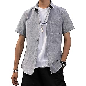 SHANLIANG シャツ メンズ レッドステッチ オックスフォードシャツ カジュアル スポーツ 半袖 夏服 オシャレ 無地