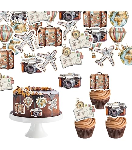 Ercadio Travel Cupcake Toppers Map Luggage Blue Airplane Cupcake Picks For Baby Shower Kids Birthday Party Cake Decoration 24 PCS