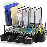 Simple Houseware Mesh Desk Organizer with Sliding Drawer, Double Tray and 5 Upright Sections, Black