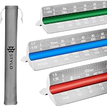 Stylo Aluminum Architect Scale Ruler – 30cm Triangular Ruler, Color-Coded Grooves, Metric/Imperial