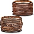 THUNARAZ 2PCS Leather Cuff Bracelet Wrap Wristband Button Bangle for Men Women Adjustable Wide Brown Belt Punk Bracelet