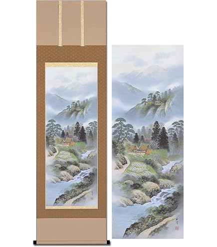 Amazon.co.jp: 掛け軸 開運 彩色 山水 四神相応山水画 伊藤岳仙 夏