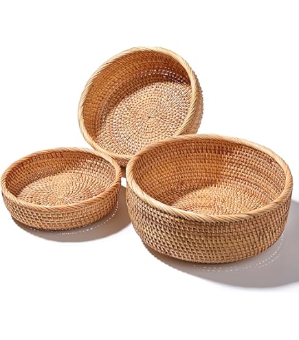 AMOLOLO 8 Inch Round Rattan Bowl Basket, Handmade Wicker Basket Tray With Scalloped Edge And 3"Deep Wall, Decorative Woven Dark Brown Bread Basket Fruit Bowl Key Holder Table Centerpiece, S - View #3
