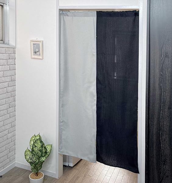 cloth Shop Noren Curtain, Room Divider Curtain Partition, Width 33.5 Inches (85 cm) x Length 59.1 Inches (150 cm), Two-Tone Noren, Waffle, Waffle Light Gray Black - 1