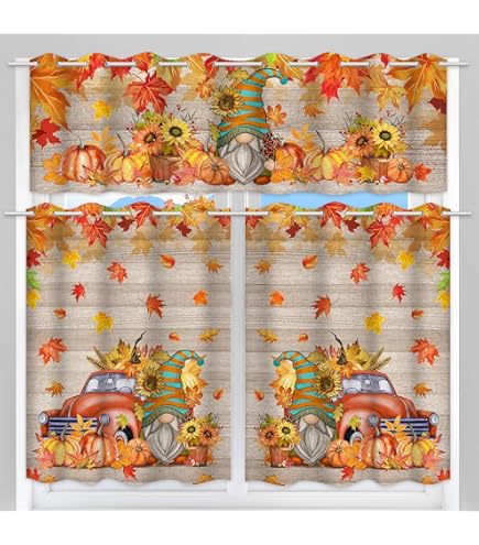 Fall Kitchen Curtains 3-Piece Set With Gnomes & Pumpkins - 54x36 Inch Tiered Valance