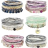 FIBO STEEL 6 Sets Bohemian Stackable Bead Bracelets for Women Stretch Multilayered Bracelet Set Multicolor Jewelry