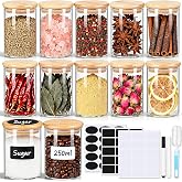 Glass Spice Jars with Bamboo Lids 12 Pack, 250ml Empty Spice Containers with Labels,Airtight Small Seasoning Jars for Salt, P