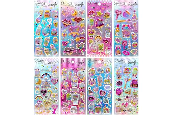 Evbyws グリッター シャカシャカ シール 8種類 可愛いステッカー ぷくふくシール スパンコール付き 手帳 ノート アルバム カレンダー スーツケース ヘルメット スケジュール