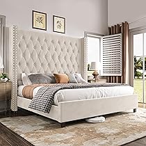 選べる色リネンTuftedボタンベッドヘッドボードQueen/Beige 選べる色リネンTuftedボタンベッドヘッドボードQueen/Beige