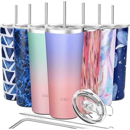 Stainless Steel Vacuum Insulated Tumbler - THILY Travel Mug 26 oz Coffee Cup with 2 Lids and Straws, Splash Proof, Keep Ice D