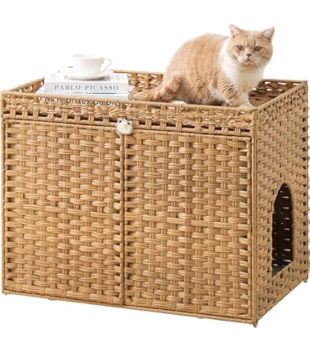 Lovinouse 6 In 1 Cat Litter Box Enclosure Furniture With Litter Catcher, Wooden Cat Washroom With Drawer And Shelves, Hidden Litter Box Cat Cabinet, Side Table For Living Room, Bedroom