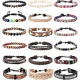 LOLIAS 18Pcs Leather Chakra Bead Tribal Bracelet for Men Women Charm Ethnic Wood Beaded Hemp Bracelets Boho Wristbands