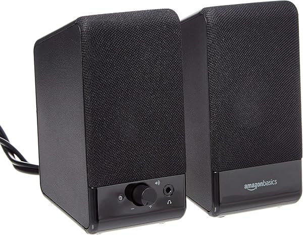 Amazon Basics USB-Powered Computer Speakers with Volume Control for Desktop or Laptop PC, Compact Size, Headphone Jack, Portable, Plug-N-Play, Black - 1
