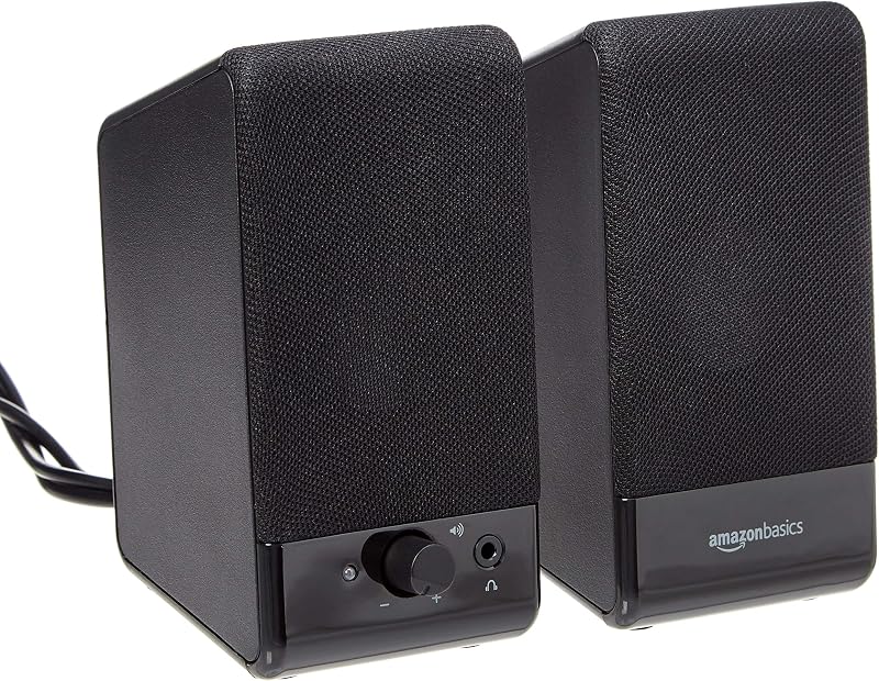 Amazon Basics USB-Powered Computer Speakers with Volume Control for Desktop or Laptop PC, Compact Size, Headphone Jack, Portable, Plug-N-Play, Black