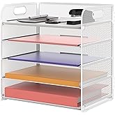 Supeasy 5 Trays Paper Organizer Letter Tray with Handle-Mesh Desk File Organizer White Paper Sorter Desk Organizer for Office