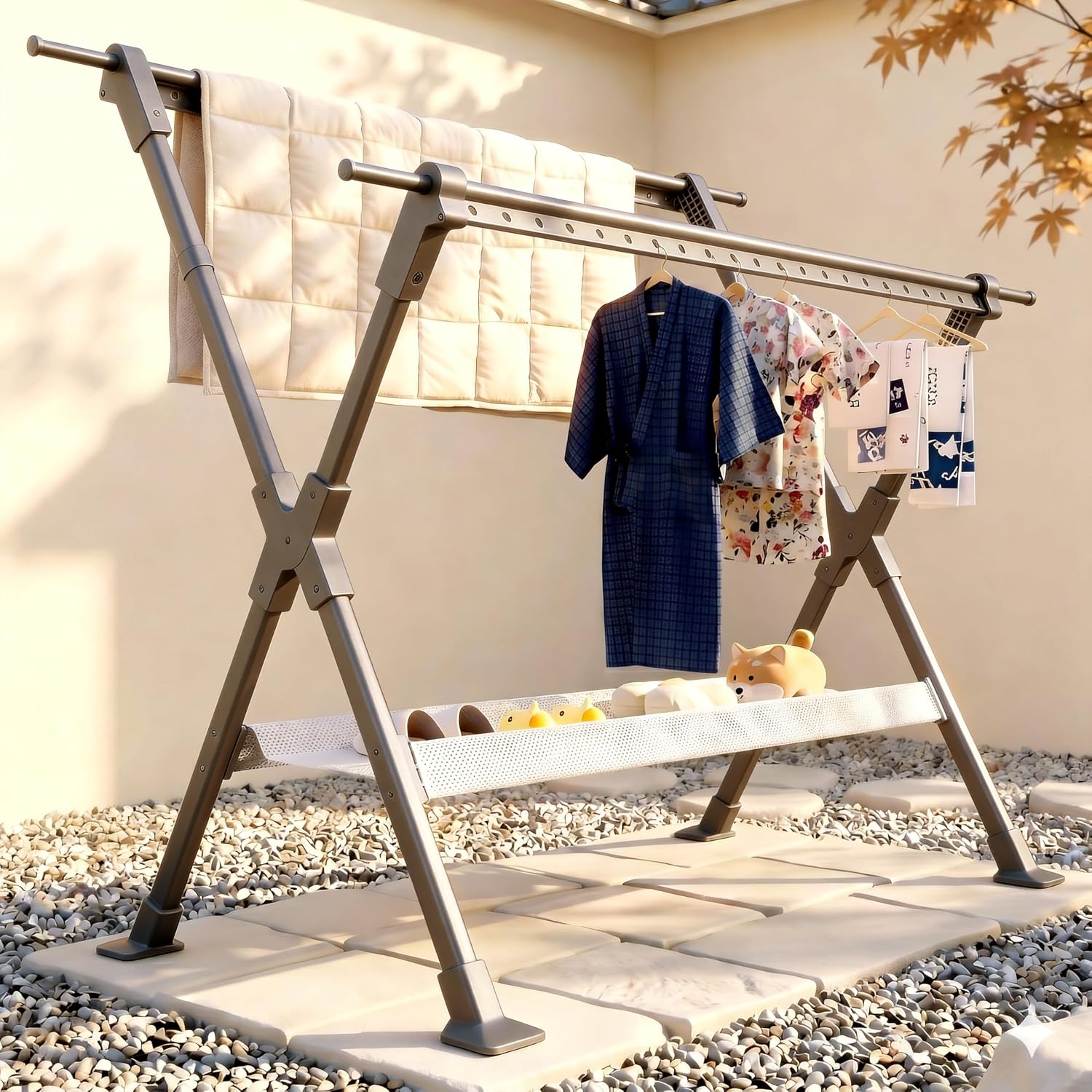 Lovikon 物干しスタンド 折りたたみ式 布団干し対応 伸縮可能 150～250cm カーボンスチール製 ダブルバー付き 防風・防錆仕様 大容量 干しネット付き 室内外兼用 高さ調節可能 組み立て簡単 (グレー)