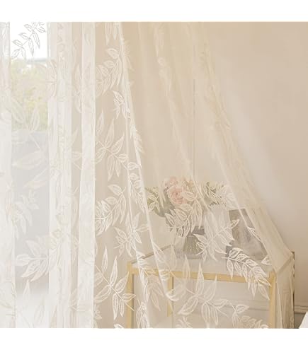 FOLKSIDE Beige Lace Curtains 52x96 Inches - Vintage Floral Rod Pocket Sheers For Living Room, Bedroom - View #7