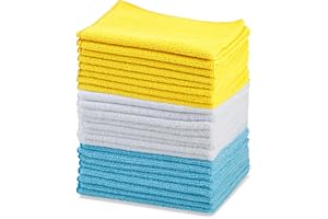 Amazon Basics Microfiber Cleaning Cloths, Thin, Car Wash Wipes, 24 Pack, Blue, White, Yellow, 15.7 x 11.8 inches (40 x 30 cm)