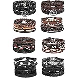 Jstyle 26-28Pcs Braided Leather Bracelet for Men Women Wooden Beaded Cuff Wrap Bracelet Adjustable