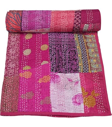 インド製 直輸入カンタキルト パッチワーク マルチカバー ピンク
