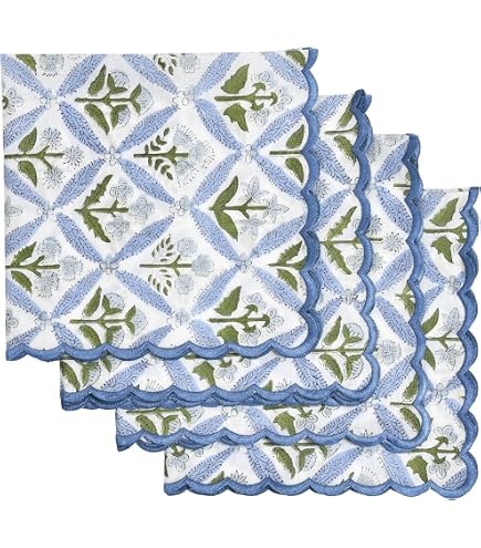 Dark Blue Floral Block Print Dinner Napkins With Scalloped Edges