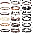 Hanpabum 18pcs Braided Leather Bracelets for Men Women Woven Cuff Wrap Bracelet Wood Beads Ethnic Tribal Bracelets Adjustable