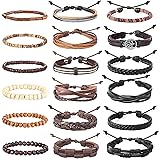 Hanpabum 18pcs Braided Leather Bracelets for Men Women Woven Cuff Wrap Bracelet Wood Beads Ethnic Tribal Bracelets Adjustable