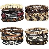 LOYALLOOK 8-34pcs Mens Leather Bracelet Wrap Cuff Bracelets with Hemp Cords Wood Beads Ethnic Tribal Believe Charm
