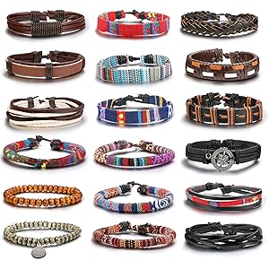 Gelmushta 18本セット レザー ブレスレット メンズ レディース 重ね着け ボヘミア風 人気 腕輪 ロープ 長さ調節可能 セット売り