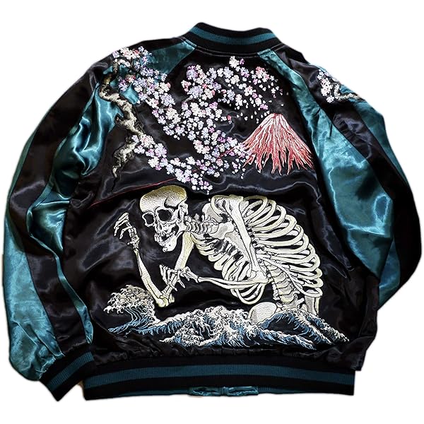 花旅楽団　髑髏　桜　script リバーシブルスカジャン　スカル Amazon | 花旅楽団 和柄 スカジャン 桜 髑髏 スカル リバーシブル 刺繍