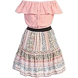 iGirlDress ガールズ 2ピース 夏服 オフショルダー クロップ フリル レイヤード アイレットトップとスカート カジュアルセット 4-14