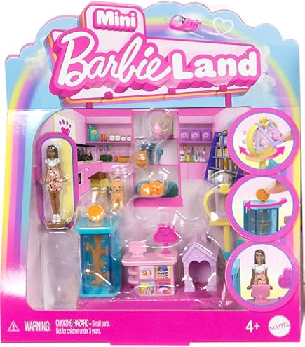 Barbie Mini BarbieLand Set Speciale Con 4 Mini Bambole (3,8 Cm) E 4 Veicoli Iconici Con Effetto Cambia Colore, Giocattolo Per Bambini 4+ Anni, JDB85