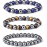 LOYALLOOK 3Pcs Magnetic Hematite Therapy Beads Bracelet Men Women Healing Energy Natural Stone Adjustable Bracelet Tiger Eye 
