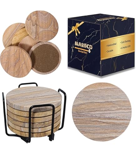Thirstystone Square White Marble/Gold Edged Coasters, All Natural Stone With Non